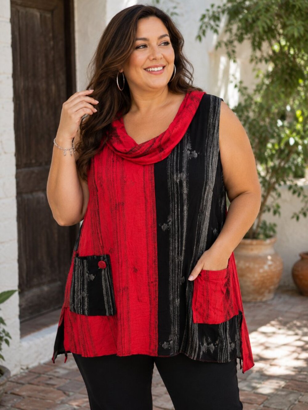 Red Coral Collections Women's XXL Red Black Patchwork Cowl Neck Tunic Sleeveless
